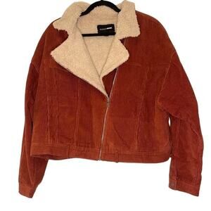 Fashion Nova Corduroy Sherpa Collared Full Zip Jacket Burnt Orange and Cream 2X